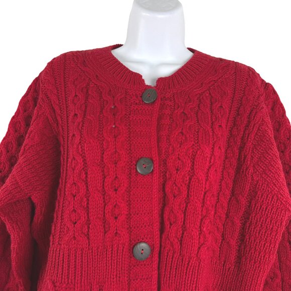 Kilronan Fisherman Cardigan Sweater Large Red Merino Wool Cable Knit CJ-2190 - Picture 3 of 7